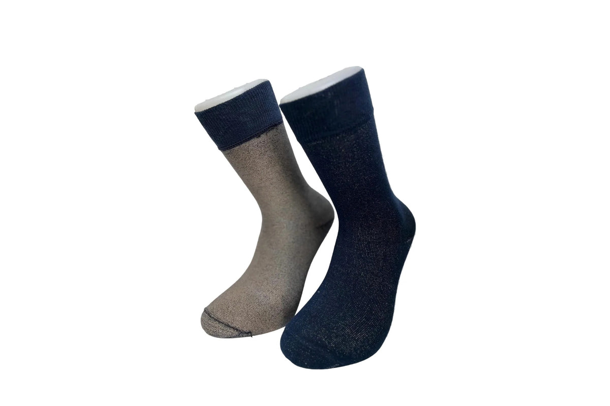 CREW+ COTTON second choice socks, taupe and navy blue pair with navy cuff, SUPRGOODS